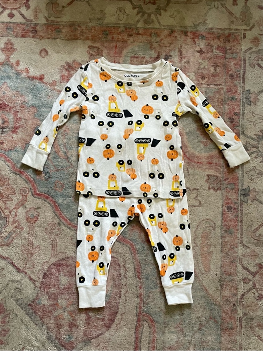 Old Navy White Pajama Set with Orange Pumpkins and Black Trucks